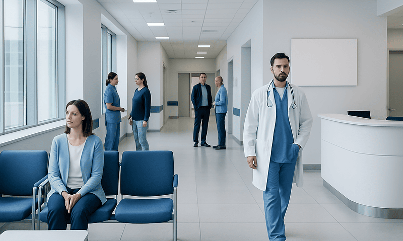 Medical staff and patients in a modern hospital corridor.