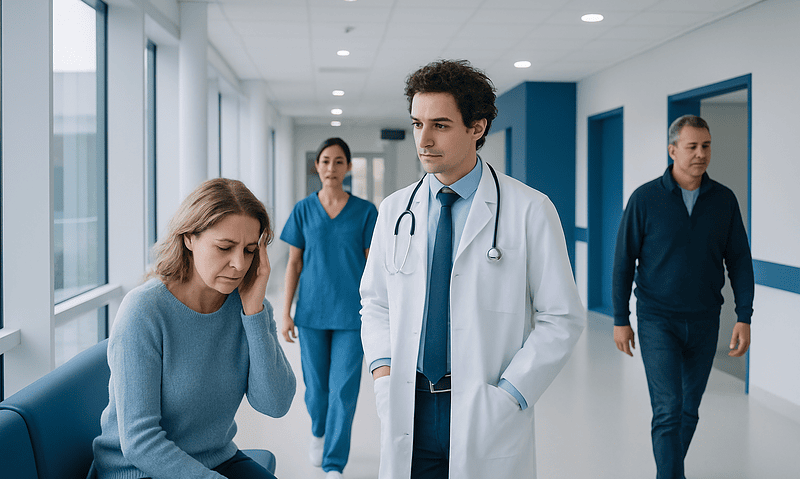 Doctor consulting a patient in a hospital corridor with medical staff nearby.