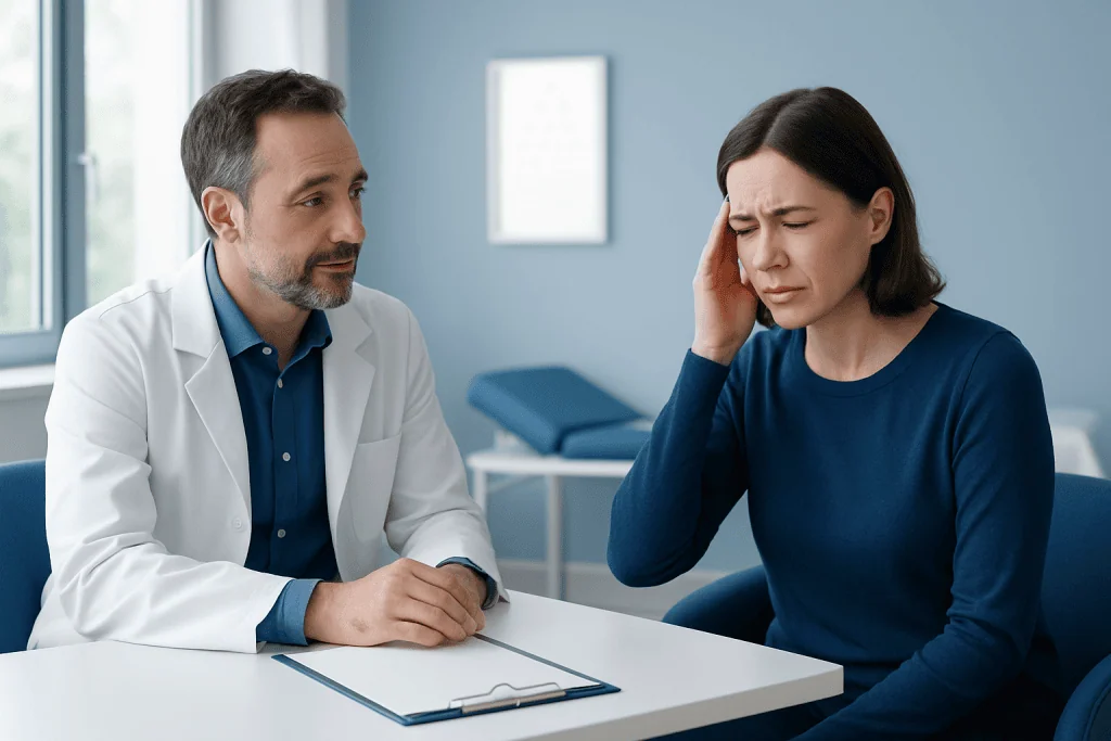 Doctor consulting with a woman patient experiencing dizziness in a clinic.