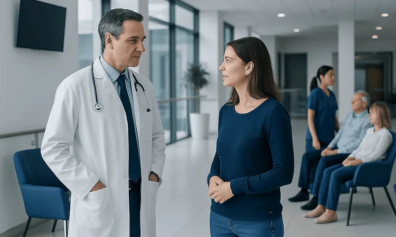 Doctor talking to a patient in a hospital corridor with other patients in the background.