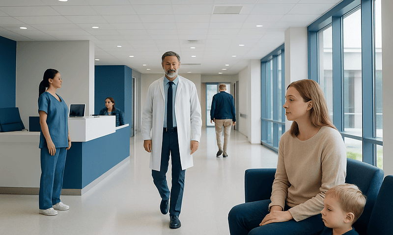 Doctor walking in hospital corridor with patient and family nearby.