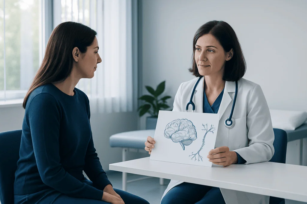 Doctor explaining brain and nerve functions to patient in consultation room.