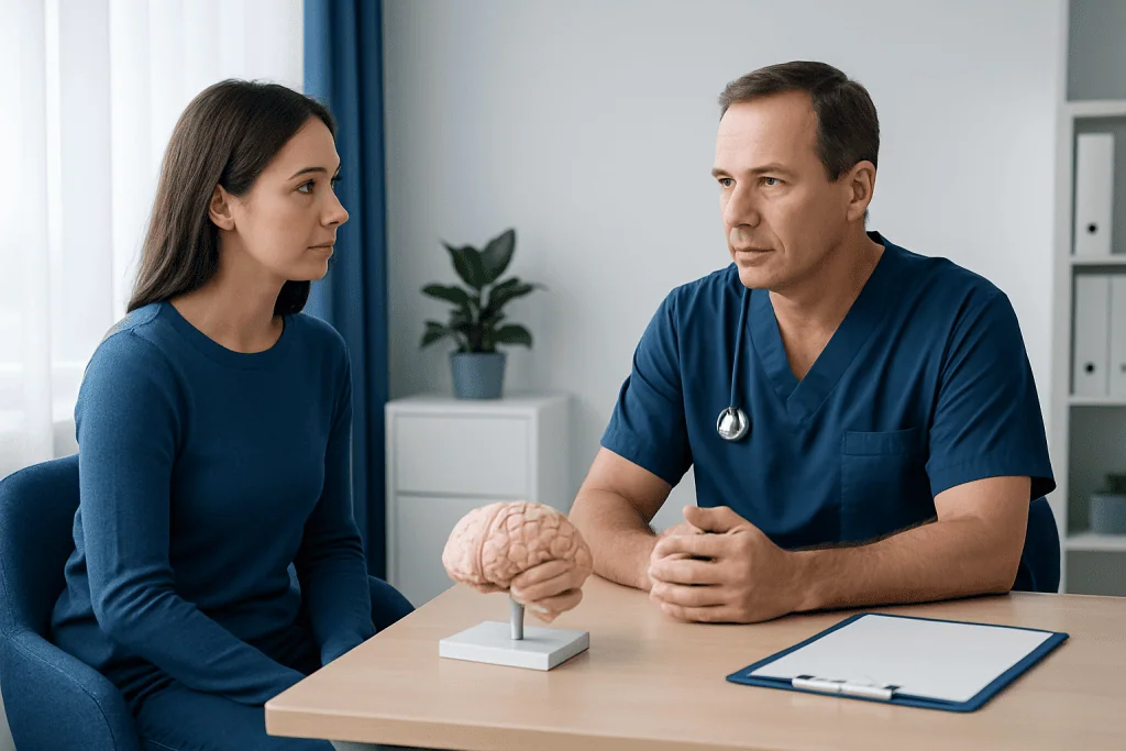 Doctor explaining neuroplasticity to a patient with brain model on table.