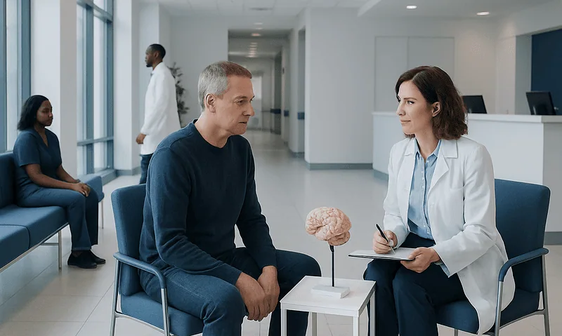 Patient and doctor discussing neuropsychological testing in a hospital setting.