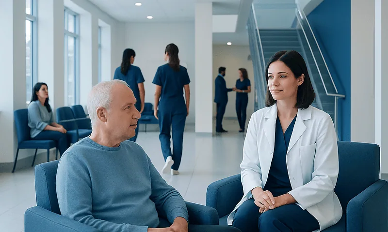 Patient consulting with a healthcare professional in a modern hospital waiting area.