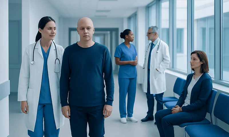 Patient with medical staff in hospital corridor for neutropenia treatment.