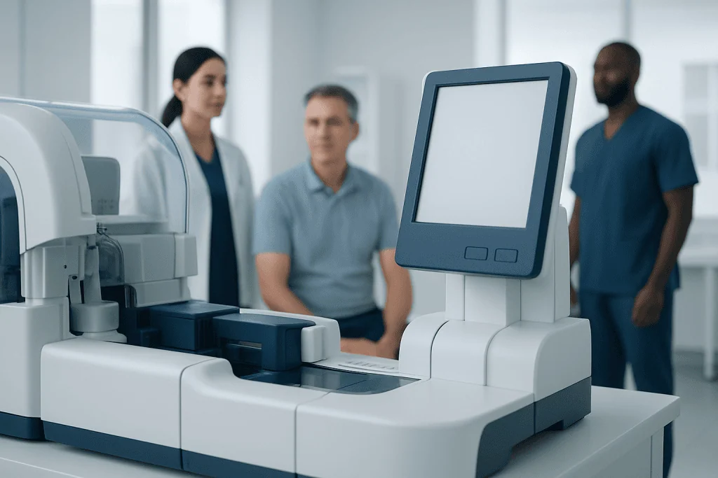 Medical laboratory equipment with healthcare professionals in background.