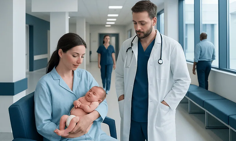 Medical team with a mother and newborn in hospital corridor.