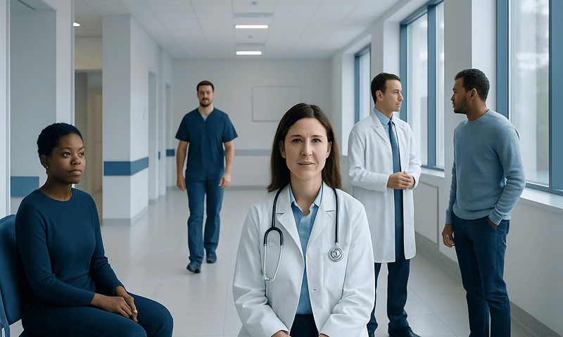 Medical team in hospital corridor with doctor and patients.