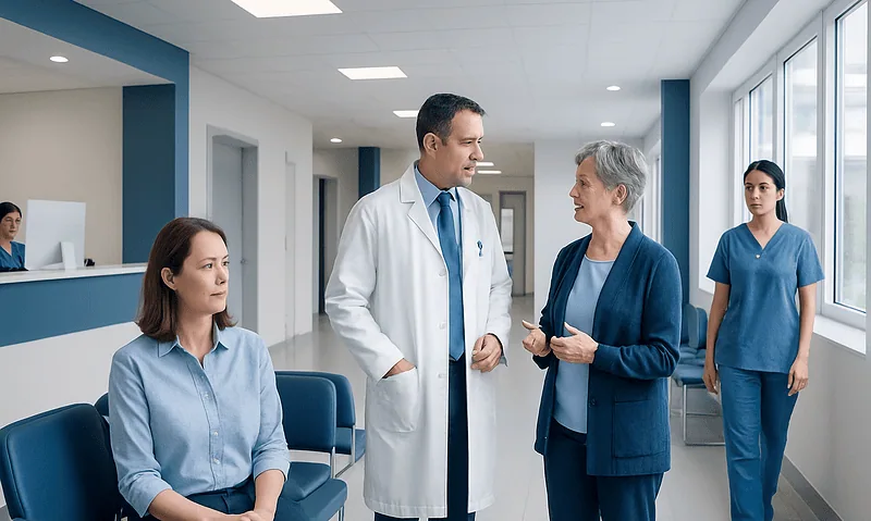 Doctor consulting with elderly patient in hospital corridor.