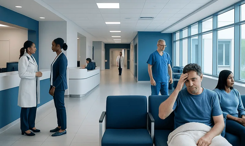 Hospital waiting area with patients and medical staff in a modern facility.