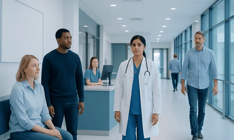 Medical team in hospital corridor discussing patient care and treatment.