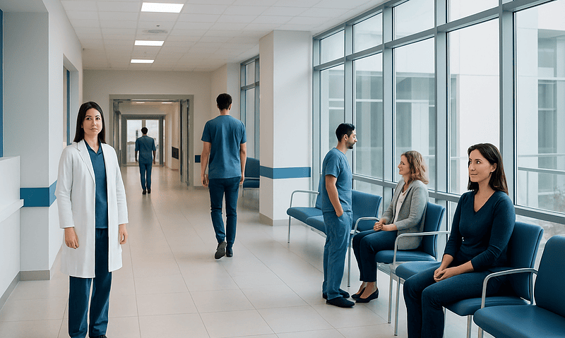 Nitrite in urine: Common Causes, Warning Signs, and When to See a Doctor 7 Modern hospital corridor with medical staff and patients waiting.