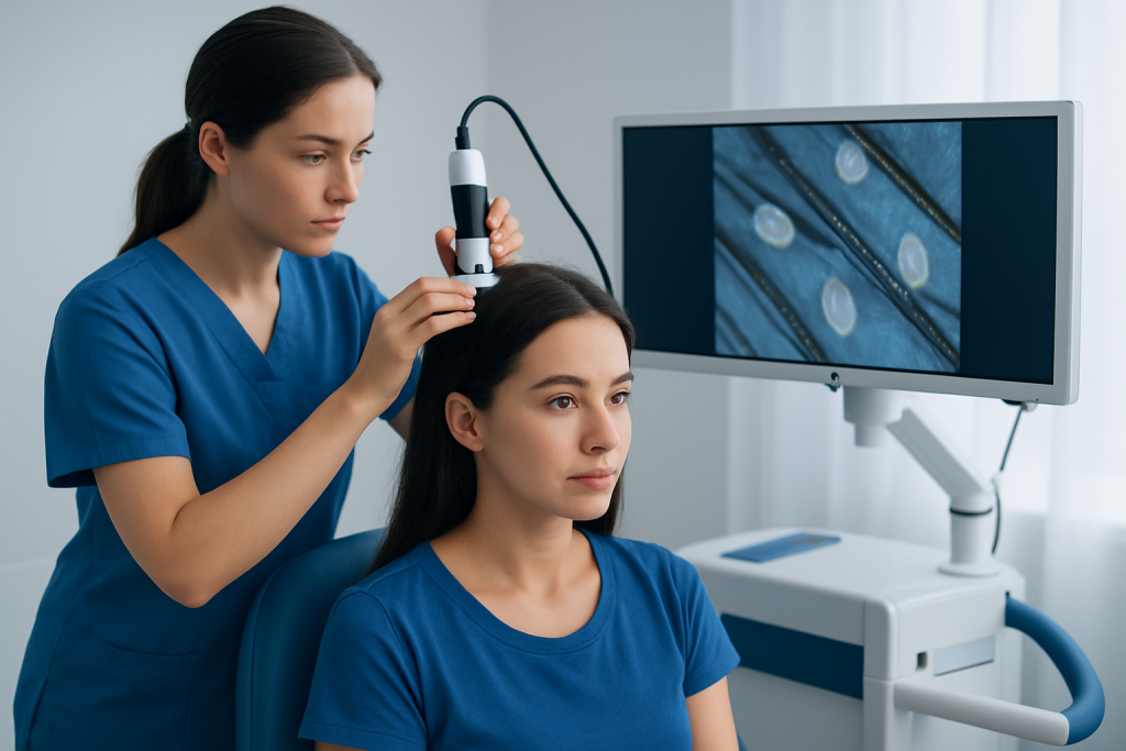 Medical professional examines scalp using dermatoscope for lice detection.