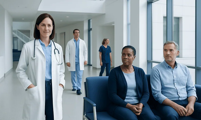 Medical team at Acibadem Hospitals Group in modern hospital corridor.
