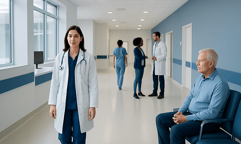 Medical staff and patient in hospital corridor at Acibadem Hospitals Group.