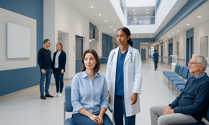 Healthcare professionals and patients in a modern hospital corridor.