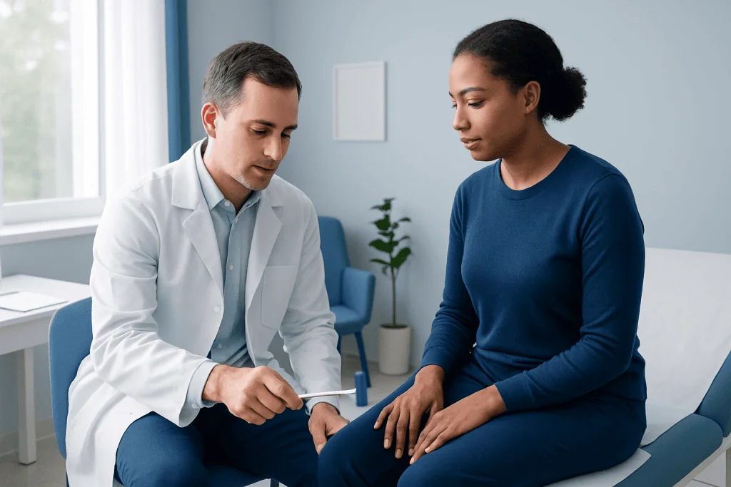 Doctor examining a patient's knee in a medical consultation room.