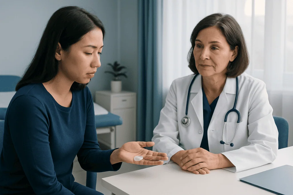 Doctor explaining medication to a patient in a clinic setting.
