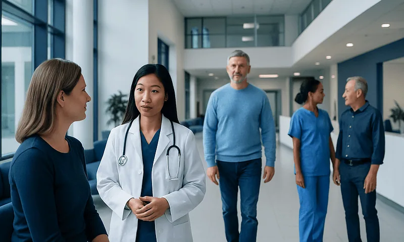 Medical team and patients in a modern hospital corridor.