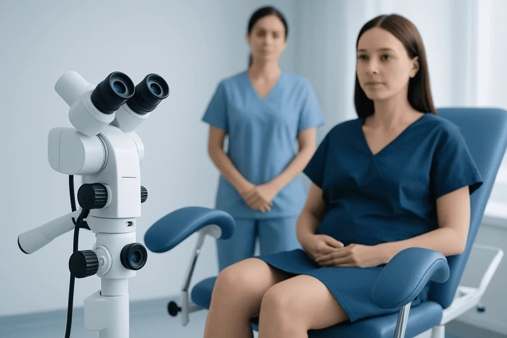 Woman in medical gown sitting in examination room with microscope nearby.
