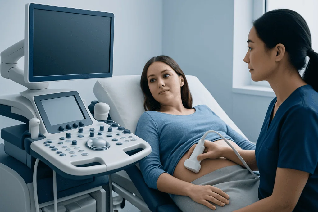Pregnant woman undergoing ultrasound examination in a hospital.