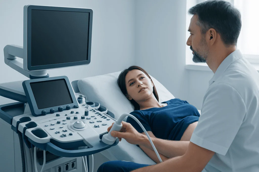 Doctor performing an ultrasound examination on a patient in a hospital room.