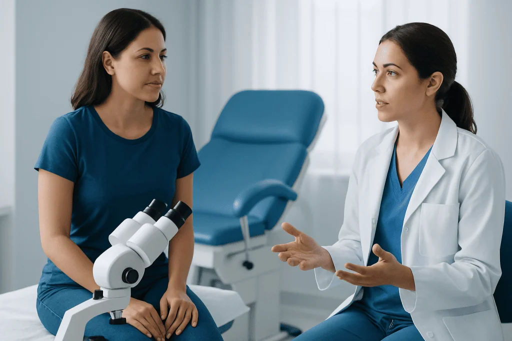 Doctor consulting patient in a medical examination room with a microscope nearby.