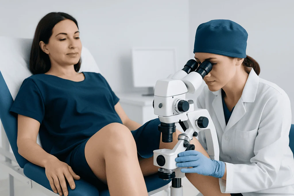 Gynecologist examining patient with microscope in clinic.