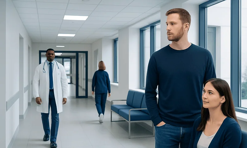 Young man and woman waiting in hospital corridor with medical staff in background.