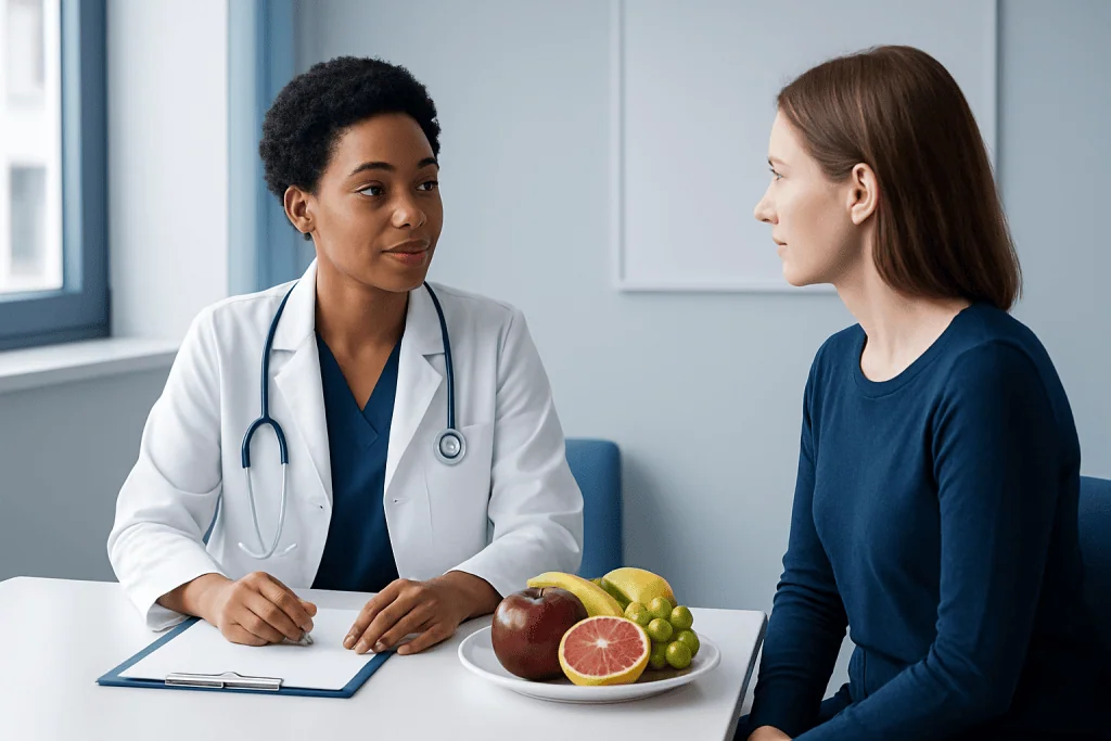 Doctor consulting patient about health with fruits on table at Acibadem Hospital.