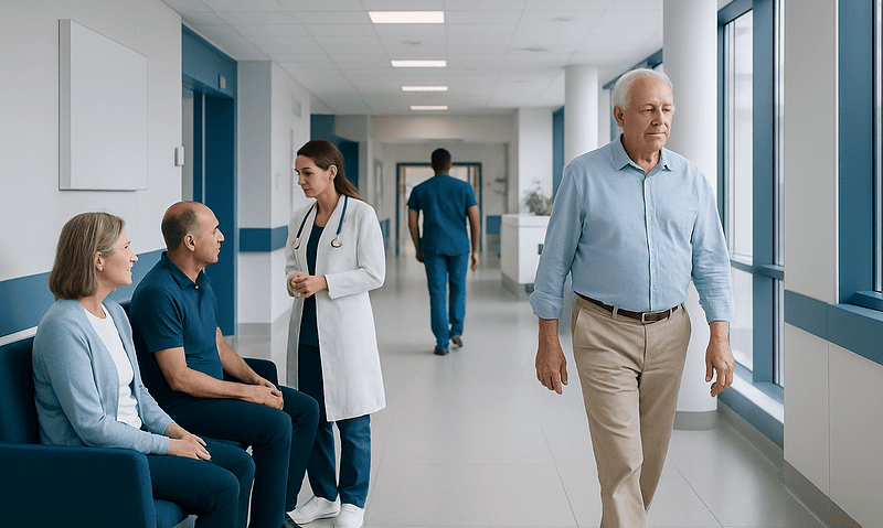 Medical team consulting with elderly patient in hospital corridor.