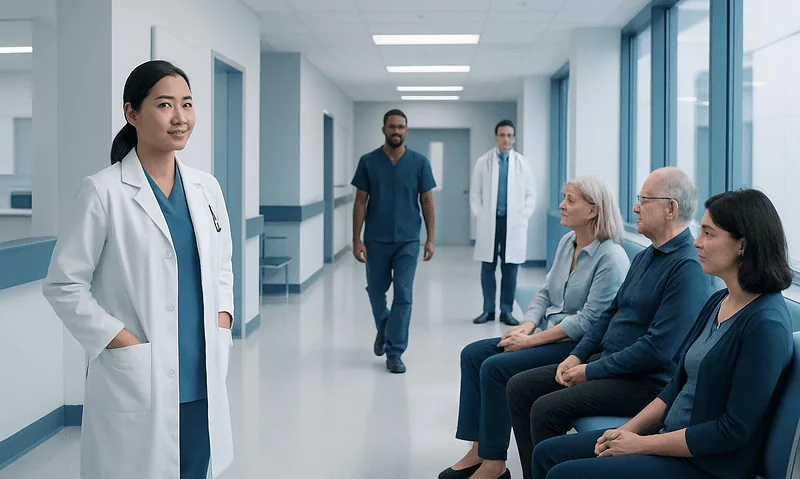 Medical team consulting with patients in a hospital corridor.
