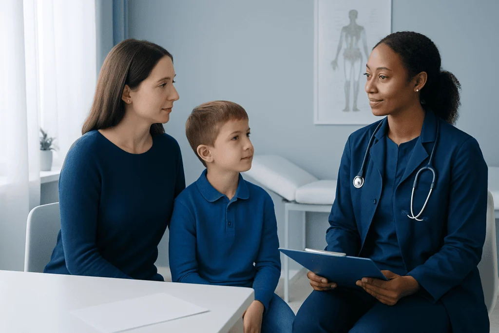 Doctor consulting with mother and child in a medical office.