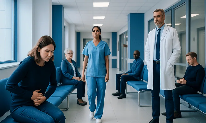 Patients waiting in a hospital corridor with medical staff present.