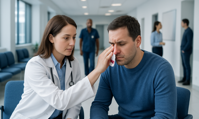 Doctor examines patient's nose in a hospital setting.