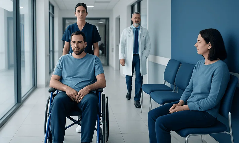 Patient in wheelchair with medical staff in hospital corridor.