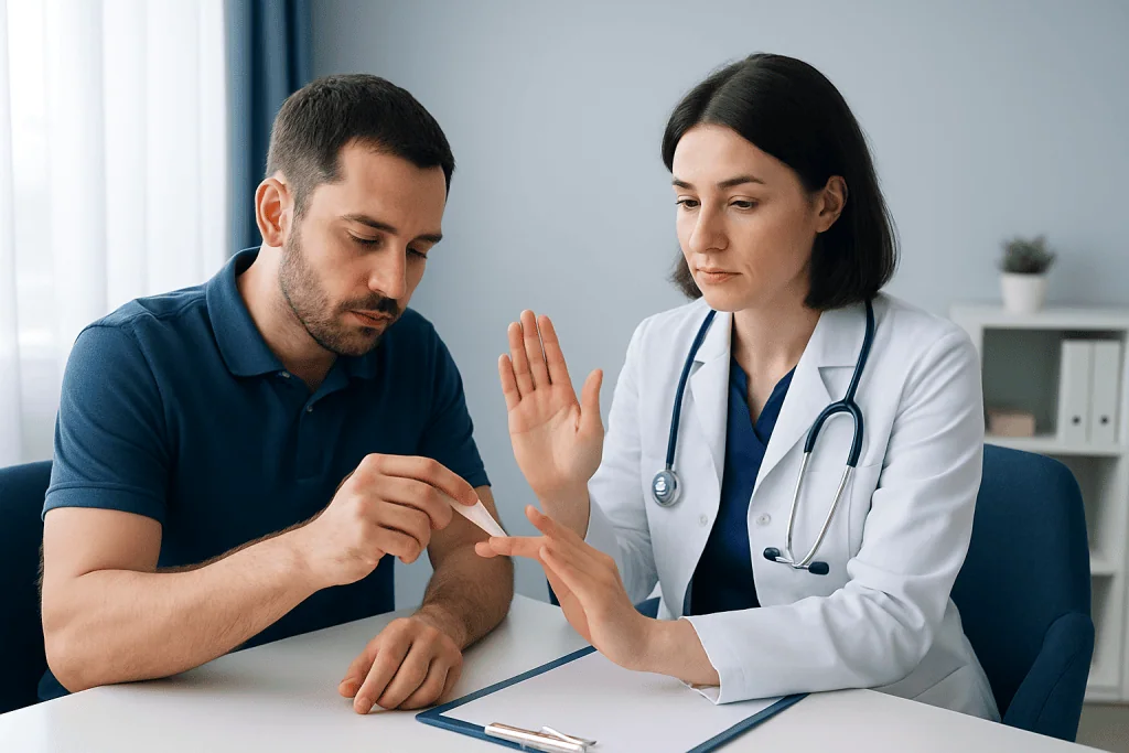 Doctor examining patient's hand for Krazy Glue removal.