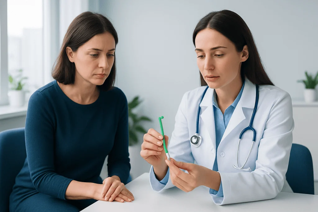 Doctor explaining tick removal to patient in a medical consultation.
