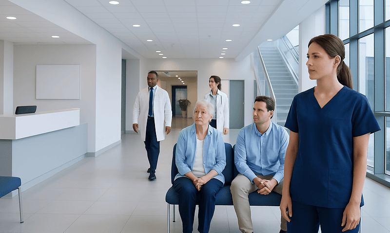 Medical team waiting in hospital corridor at Acibadem Hospitals Group.