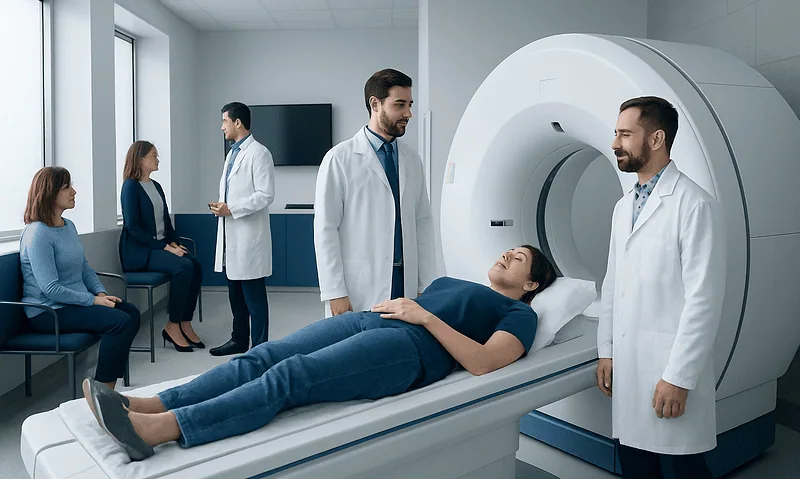 Nuclear Medicine — Explained by Medical Evidence, Not Myths 8 Patient undergoing a medical scan at Acibadem Hospital with doctors present.