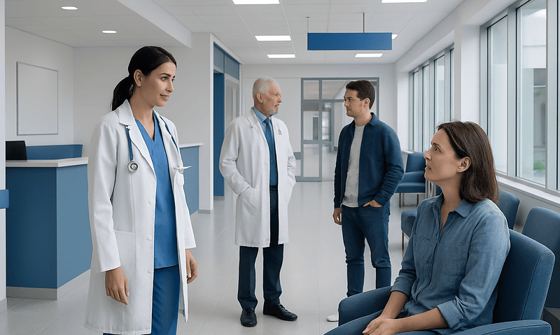 Medical consultation in a modern hospital corridor with healthcare professionals and patient.