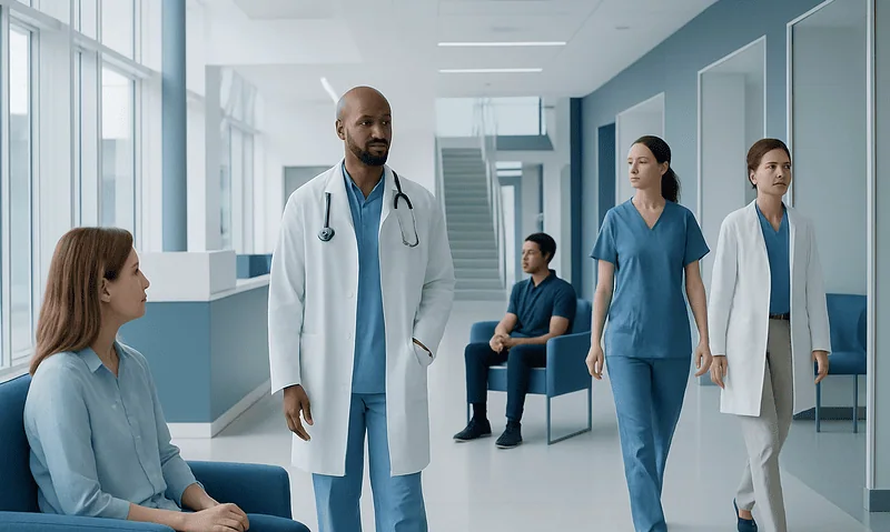 Medical team discussing patient care in hospital corridor.