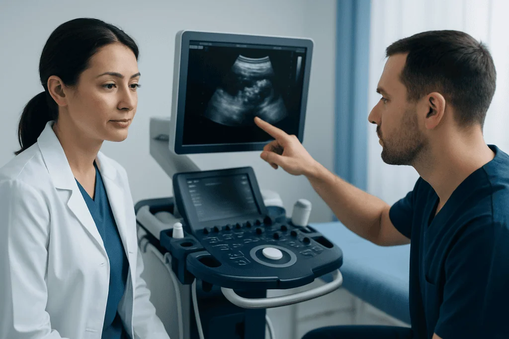 Doctor and patient discussing ultrasound scan in a medical clinic.