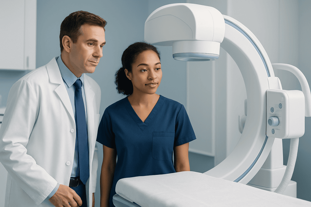 Medical professionals preparing for a diagnostic imaging procedure in a hospital.