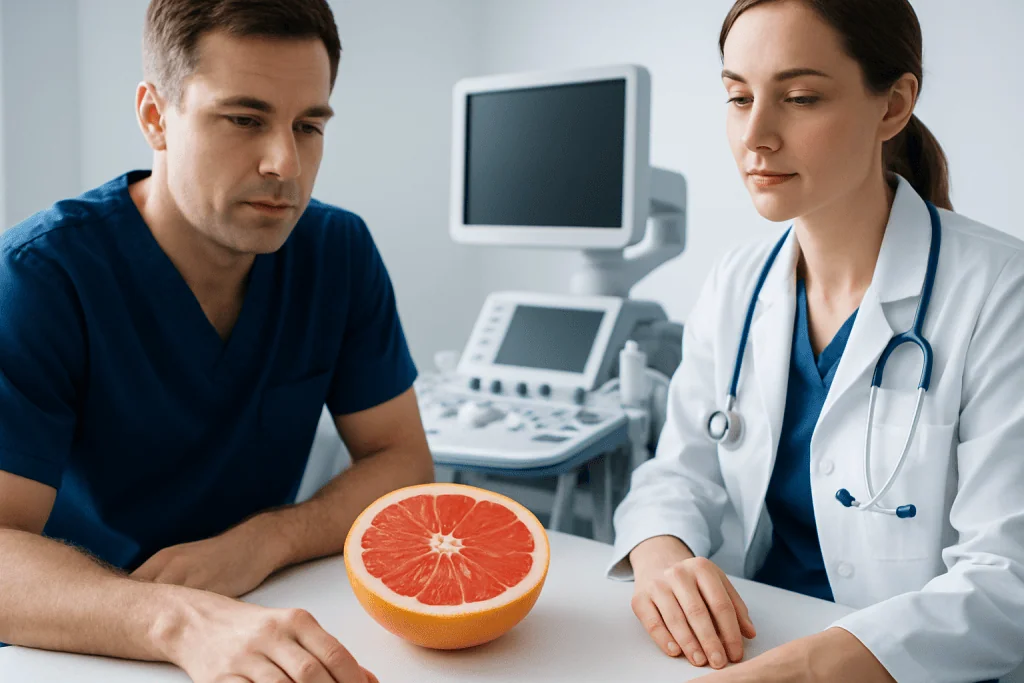 Doctor and patient discussing health with grapefruit on table.