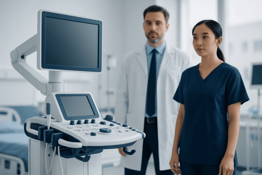 Medical professionals using ultrasound equipment in a hospital setting.