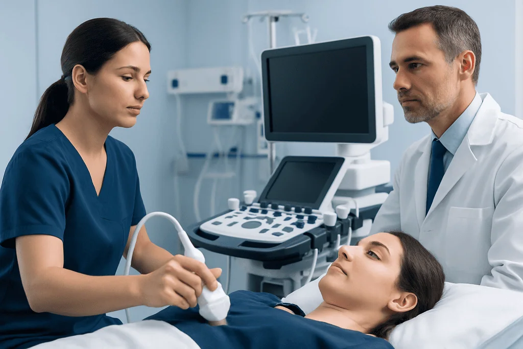 Medical professionals performing an ultrasound on a patient in a hospital room.
