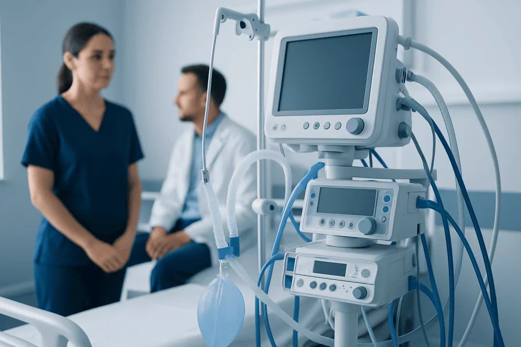 Medical ventilator machine in hospital room with healthcare professionals.