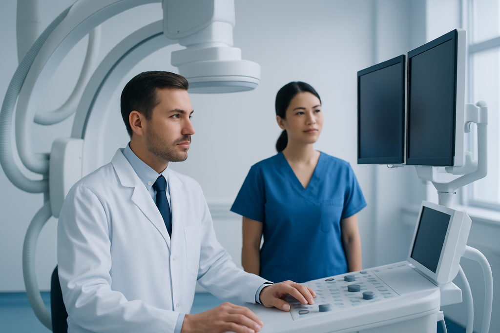 Medical professionals operating advanced diagnostic equipment in a hospital setting.